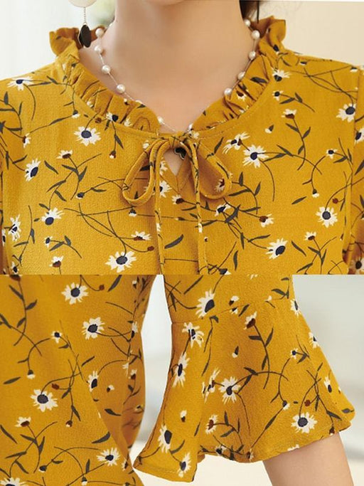 Women's Blouse Flare Sleeve V Neck Ruffles Floral Top - exxab.com
