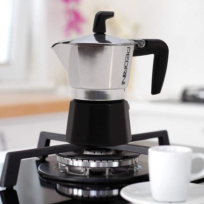 Pedrini 02CF006 Coffee Maker Shining ALUMI / Black pot Pakalite Black Handle - Safety Valve - exxab.com