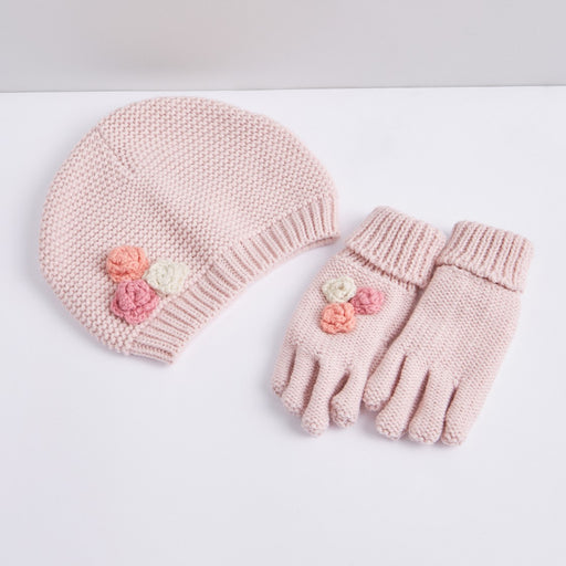 Stylish Winter Textured Applique Detail Hat with Gloves 4-6 Y exxab.com