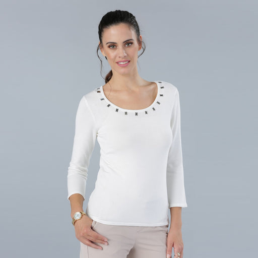 Women's White Embellished Top with Long Sleeves exxab.com