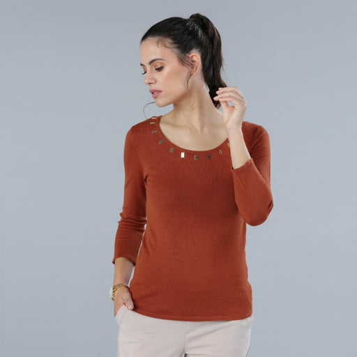 Women's Orange Embellished Top with Long Sleeves exxab.com