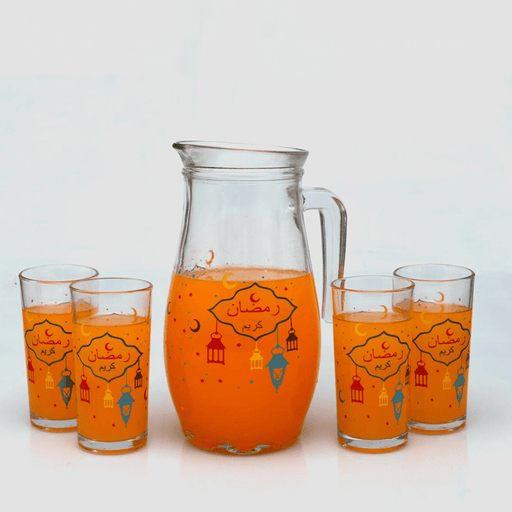 Ramadan's glass jug with 4 water cups, Set of 5 pieces - exxab.com