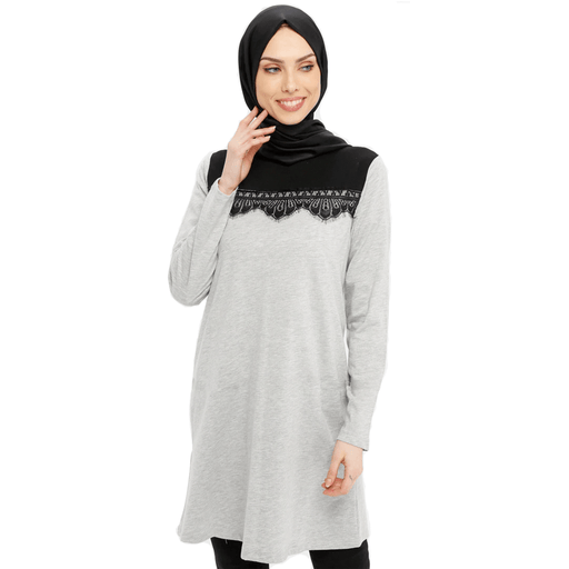 Women's viscose long sleeve & crew neck top with black lace - exxab.com