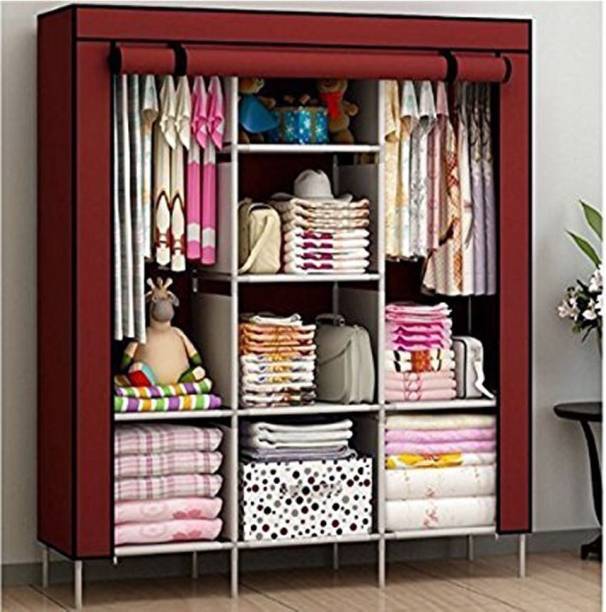 Fabric foldable wardrobe multipurpose clothes closet with 3 door and roll curtain, storage organizer - exxab.com