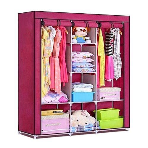 Fabric foldable wardrobe multipurpose clothes closet with 3 door and roll curtain, storage organizer - exxab.com